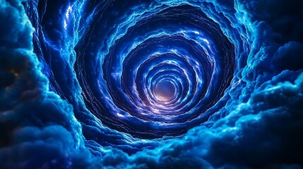 A swirling cloud tunnel of blue light glows, pulling you into its otherworldly depths.