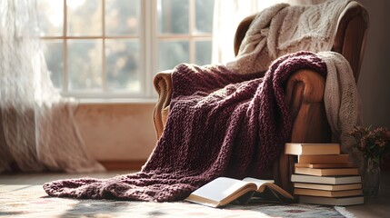 Cozy armchair with a blanket and books by the window, sunlight streaming in.