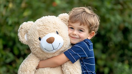 A child joyfully hugs a stuffed teddy bear, surrounded by the beauty of nature.