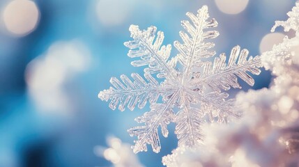 A close-up of a delicate snowflake glistening against a soft blue background, capturing the beauty of winter.