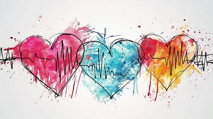 Poster - Three stylized hearts filled with vivid colors are interconnected by an artistic line, depicting sound waves and celebrating the theme of love and emotion.