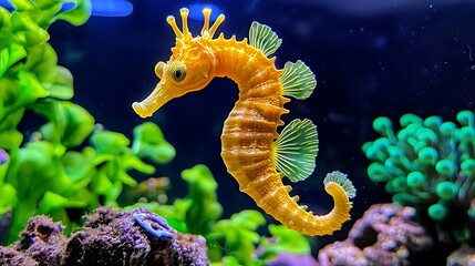 A yellow seahorse swims gracefully in an aquarium, surrounded by lush green plants.