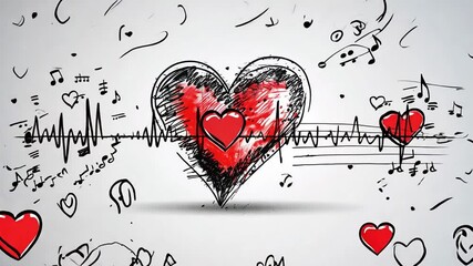 Poster - A vibrant heart illustration is surrounded by musical notes and an electrocardiogram line, capturing the essence of love and music in a creative and lively manner.