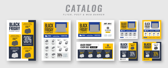 Canvas Print - Supermarket product sale catalog flyer bundle with social media post | Black Friday web banner ads | Poster set for promotion | Cyber Monday square banner & catalog flyer