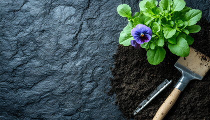 Plant pansy, Spring garden work. Tool and plant on soil, overhead, copy space. Agriculture template  