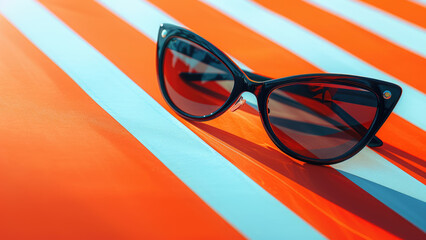 Black sunglasses on a vibrant orange and white striped background