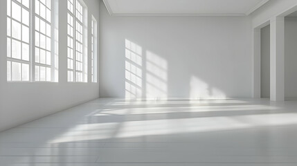 A Minimalist White Room with Large Windows Casting Sunlight on the Wooden Floor