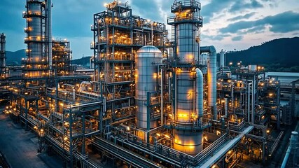 Poster - Industrial facility illuminated at dusk with complex piping and machinery set against a mountain backdrop