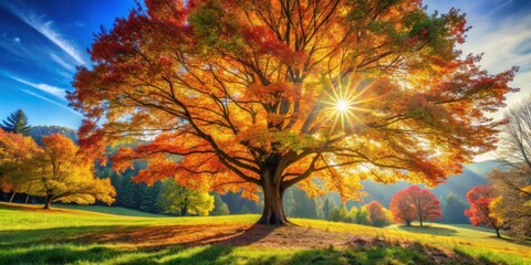 Vibrant tree basking in brilliant sunlight in untouched forest nature scene photo