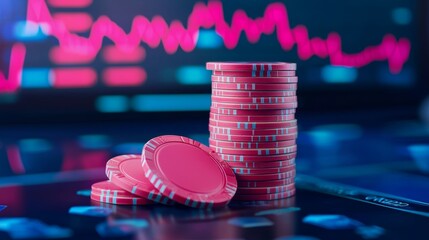 A stack of pink poker chips is shown in front of a digital screen displaying fluctuating financial data, symbolizing gambling and investment.