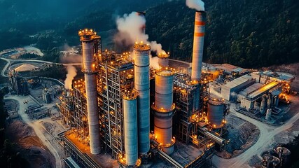 Poster - Power plant at dusk emitting steam and smoke among a forested landscape