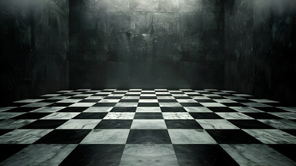 Wall Mural - A Dark Room with a Checkerboard Floor and Grungy Concrete Walls