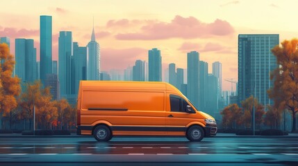 Wall Mural - Orange delivery van on city road with skyline in the background at sunset.