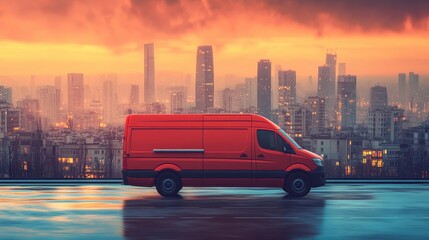 Red delivery van parked against a vibrant city skyline at sunset.