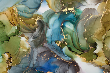 Sticker - Natural  luxury abstract fluid art painting in alcohol ink technique. Tender and dreamy  wallpaper. Mixture of colors creating transparent waves and golden swirls. For posters, other printed materials