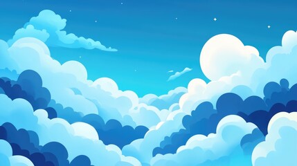 Poster - Flat style illustration of a sky with clouds Blue toned cloudy background featuring a 2D cartoon representation Abstract nature wallpaper design