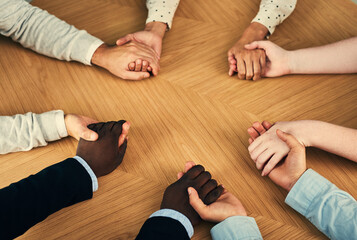 Aufkleber - Group, holding hands and circle in office with support, connection and teamwork for synergy at company. Business people, link and above scrum with solidarity, empathy and therapy at creative agency