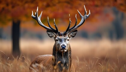 Wall Mural - Majestic red deer stag adorned with grass on antlers amidst vibrant autumn foliage during the rutting season