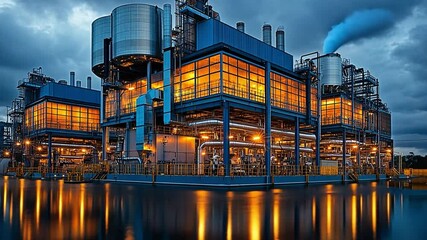 Poster - Industrial facility illuminated at dusk with reflections in water