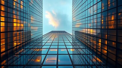 Poster - Looking up at modern skyscrapers reflecting colorful clouds at sunset in an urban setting