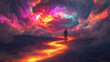 © Worakit - A surreal figure walks on glowing path of colorful light, surrounded by vibrant clouds and dramatic sky. scene evokes sense of wonder and exploration