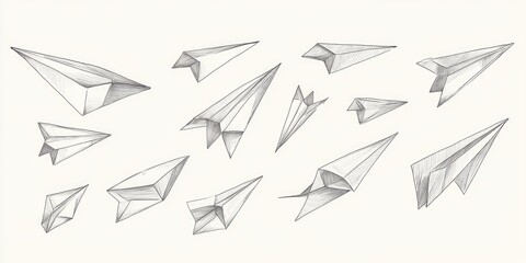 Line art illustration featuring a collection of hand drawn paper airplanes