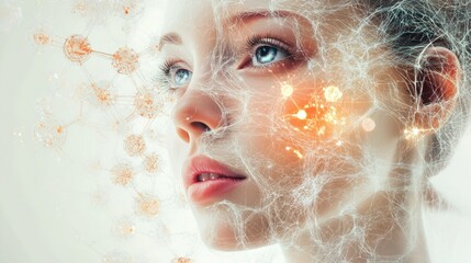 A futuristic female face with superimposed neural network structures, highlighted by orange and white elements on a light blurred background. Digital beauty and advanced skin care technology. AI.