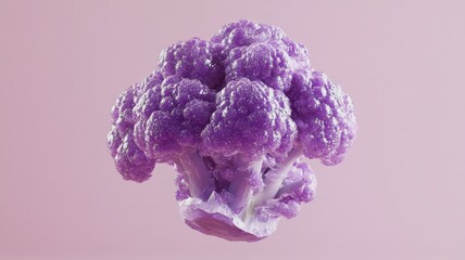 A vibrant purple cauliflower floating against a soft pink background, showcasing its unique color and texture for creative designs.