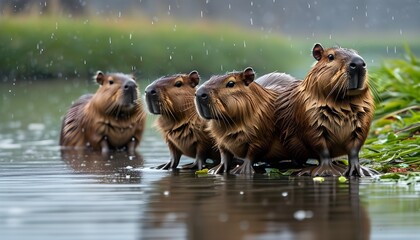 Capybaras resting by the riverbank as rain gently falls, creating a serene and tranquil atmosphere