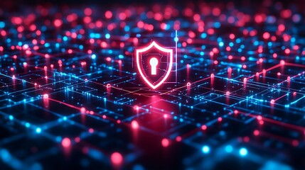 A detailed illustration of a secure digital network, featuring interconnected nodes and a central glowing shield icon. The image conveys the concept of robust cyber security protecting information