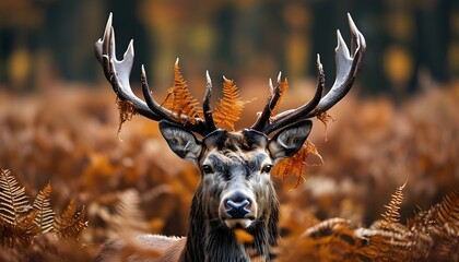 Wall Mural - Majestic red deer stag adorned with bracken on antlers amidst vibrant autumn foliage during rutting season