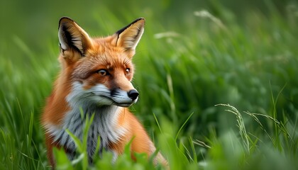 Wall Mural - Vibrant red fox perched gracefully amidst lush green grass