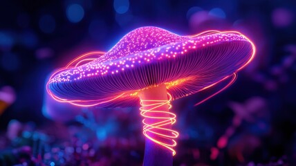 Stunning neon mushroom glowing in vibrant colors, showcasing an enchanting and surreal forest ambiance.