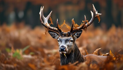 Wall Mural - Majestic red deer stag adorned with bracken on antlers amidst vibrant autumn foliage during rutting season