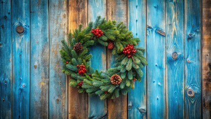 Rustic wooden door with Christmas wreath against blue tree background for holiday decor