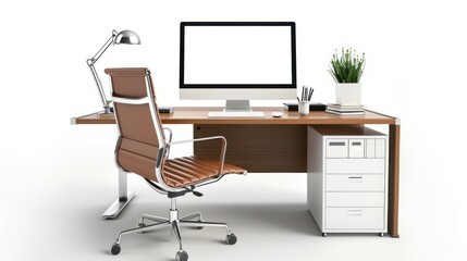 Poster - Modern Office Desk Setup with Brown Leather Chair and White Desk