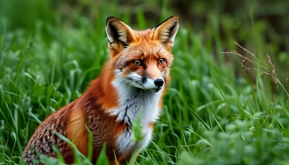 Wall Mural - Vibrant red fox perched gracefully amidst lush green grass