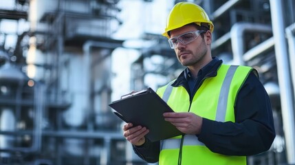 Industrial Worker in Safety Gear Checking Clipboard at Factory