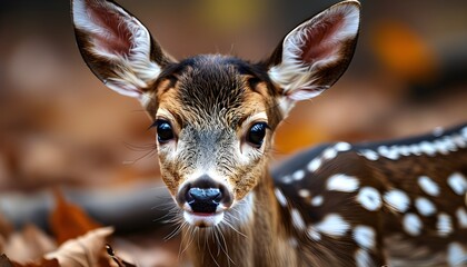 Wall Mural - Autumn close-up of a Fallow deer calf amidst fallen leaves and vibrant foliage