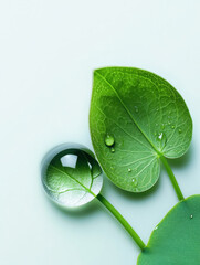 Two drops of water on a leaf, one of which is reflecting the other