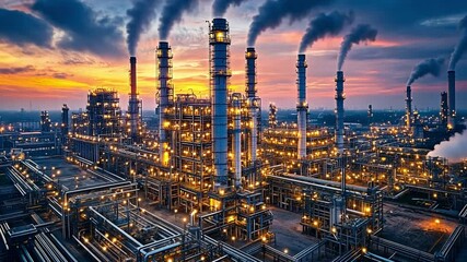 Poster - Industrial refinery at sunset with smoke plumes and illuminated structures in an urban setting