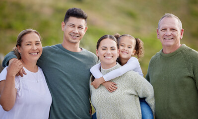 Canvas Print - Park, grandparents and portrait of parents with child for bonding, relationship and relax together. Happy family, love and mom, dad and girl on holiday with senior people for vacation, fun or weekend