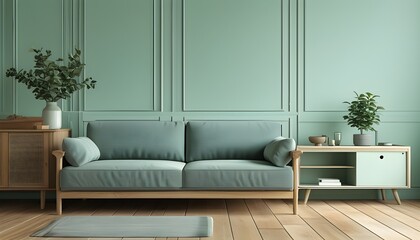 Relaxing interior featuring a green mint wall, stylish sofa, and elegant sideboard on a warm wood floor