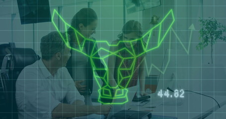 Bull head hologram image over business people working in office