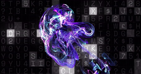 Poster - Image of blue spots over data processing on black background