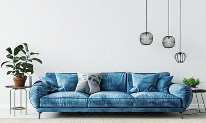 A stylish living room with a blue sofa, plants, and three pendant lights against a white wall.