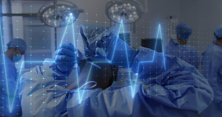 Poster - Medical professionals performing surgery with heartbeat image over grid background