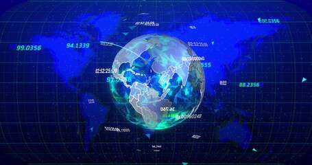 Poster - image of data processing over globe and world map on black background