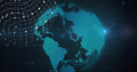 Poster - image of globe of connections over world map on black background