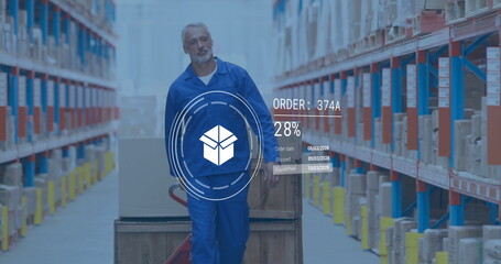 Poster - Image of digital data processing over caucasian man working in warehouse
